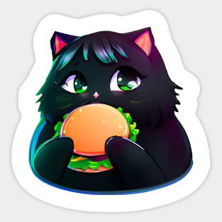 Black Fat cat eating burger Sticker